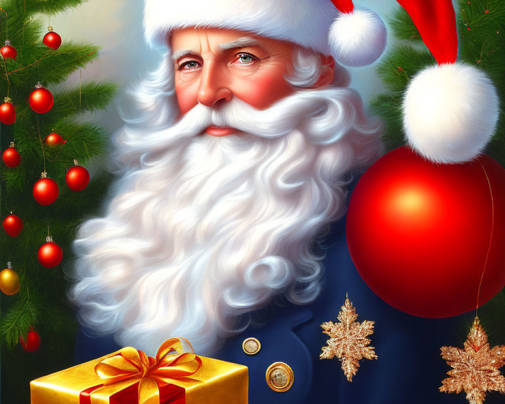 Santa Claus with white beard and red hat near Christmas tree and gift