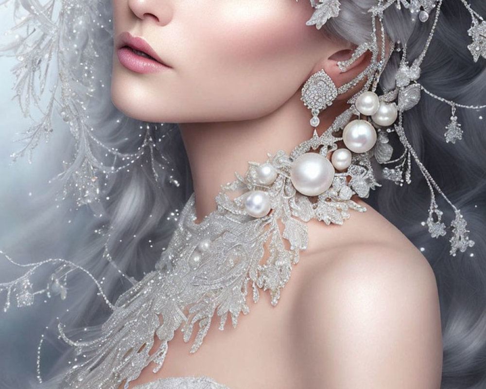 Fantasy portrait of woman with icy-blue eyes and ornate pearl headpiece