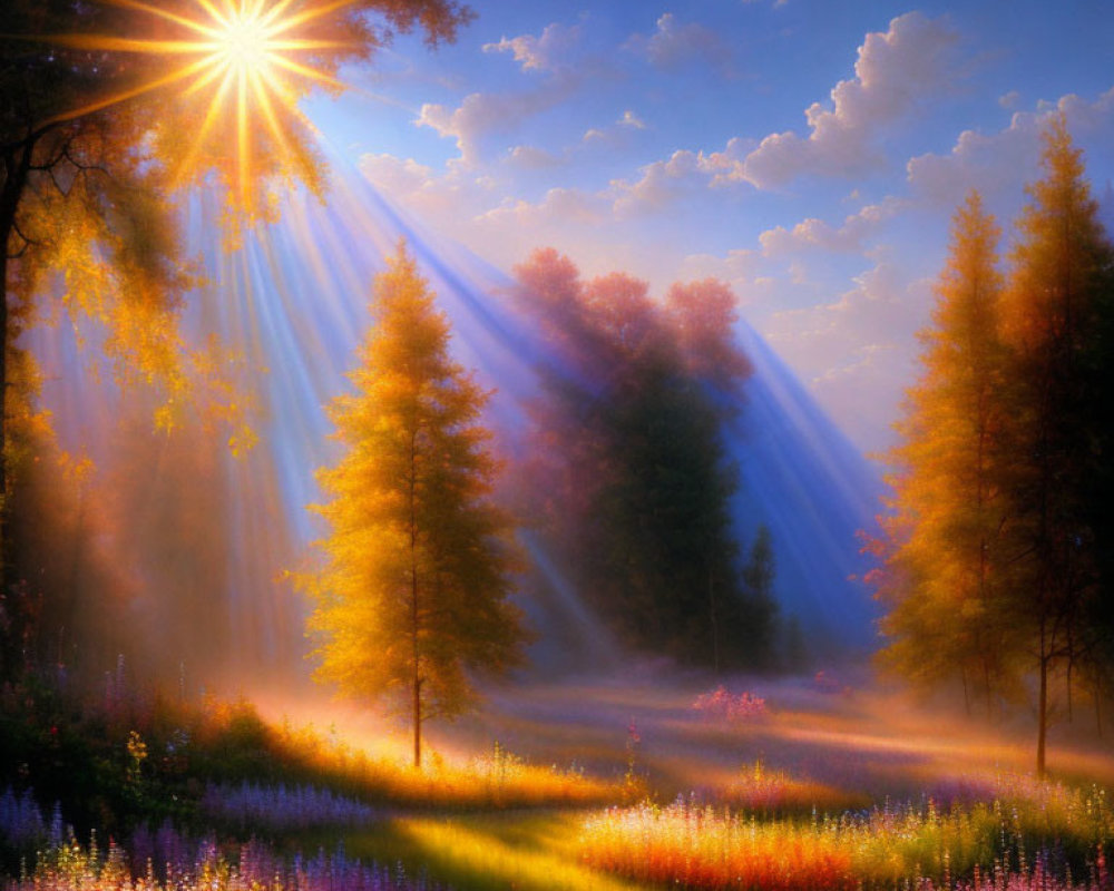 Sunbeams illuminate misty forest with colorful wildflowers