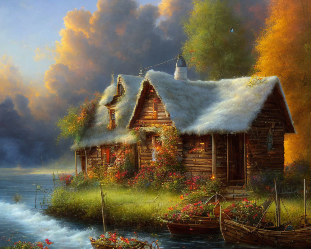 Rustic cabin by serene lake in autumn setting