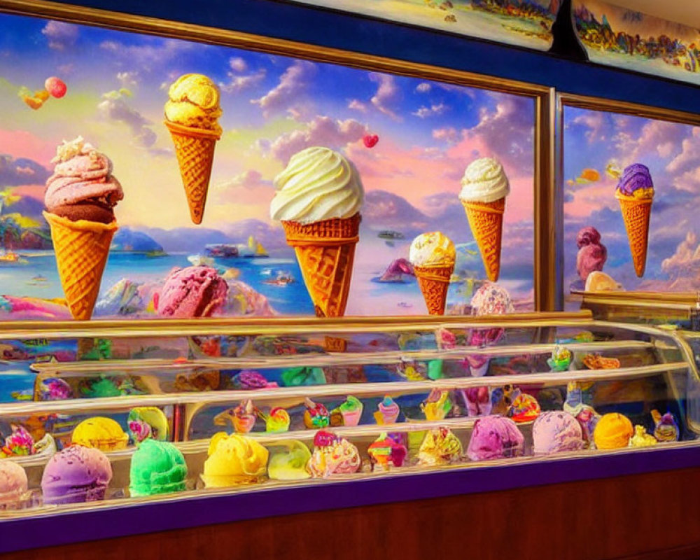 Colorful ice cream flavors in freezer with whimsical mural