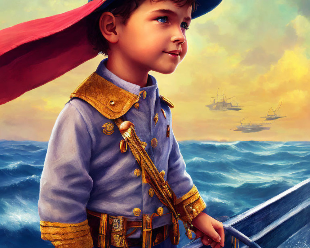 Vintage naval uniform boy gazes at ships on dramatic sea horizon.