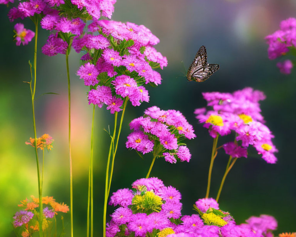 Patterned Butterfly Resting on Pink Flowers in Soft-focus Garden