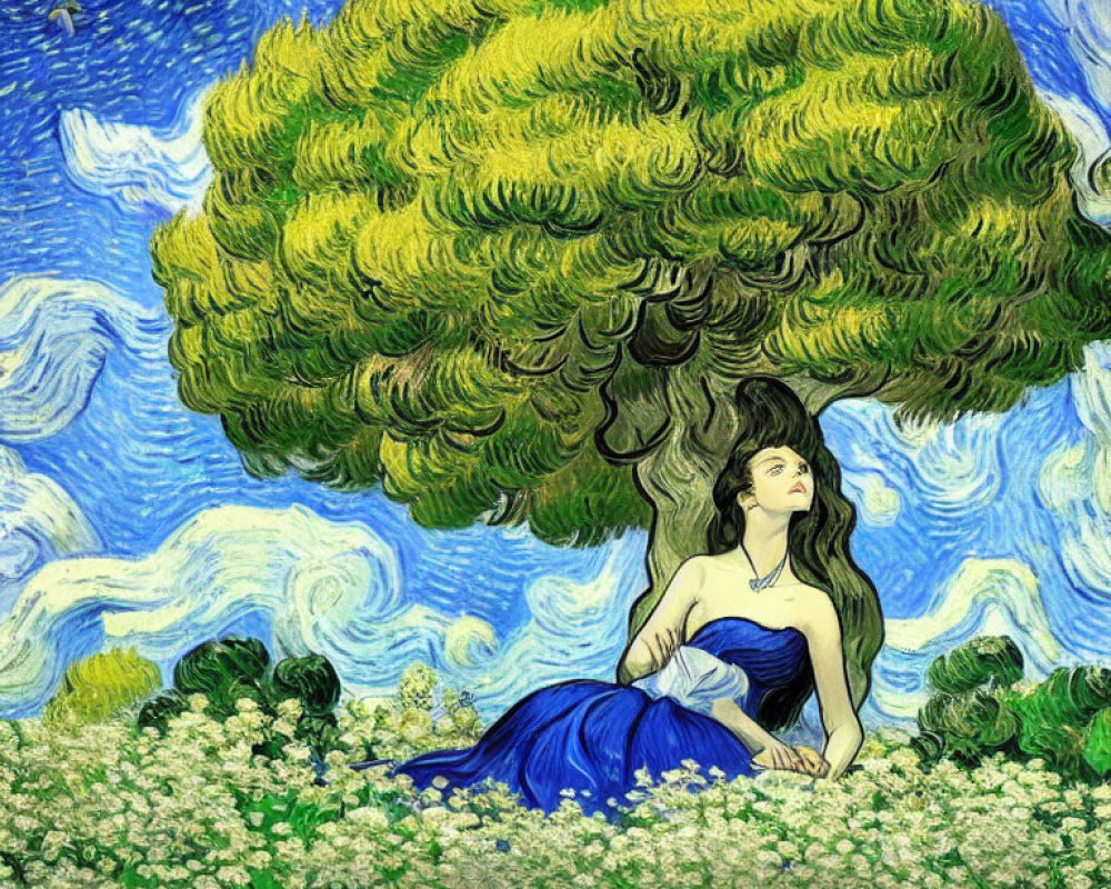 Woman with Dark Hair in Blue Dress Under Vibrant Tree in Swirling Landscape