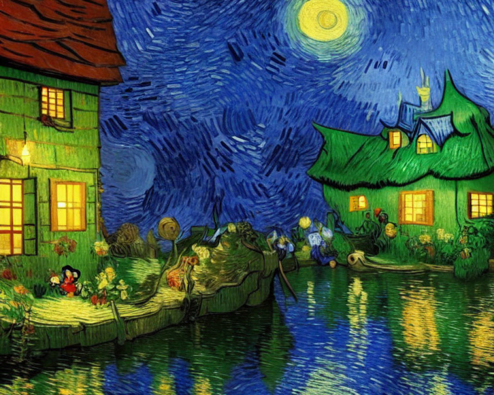 Whimsical night scene with starry sky, village house, and cartoon characters by river