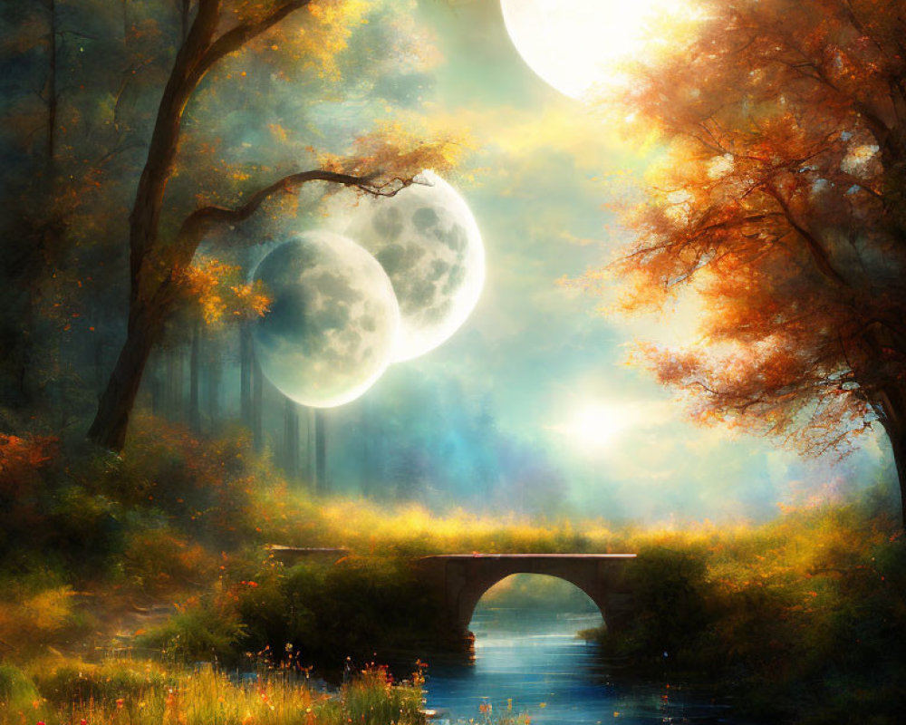 Double moon fantasy landscape with autumn trees, stone bridge, and misty glow