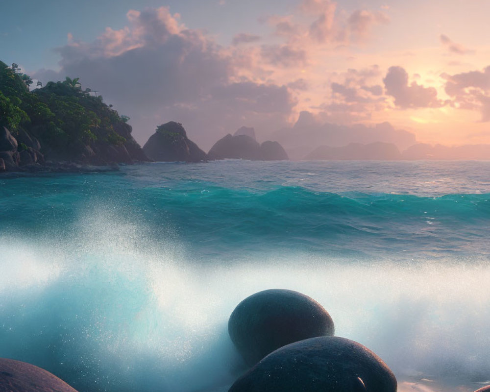 Tranquil beachscape with rocks, crashing waves, and mountain silhouettes at sunset