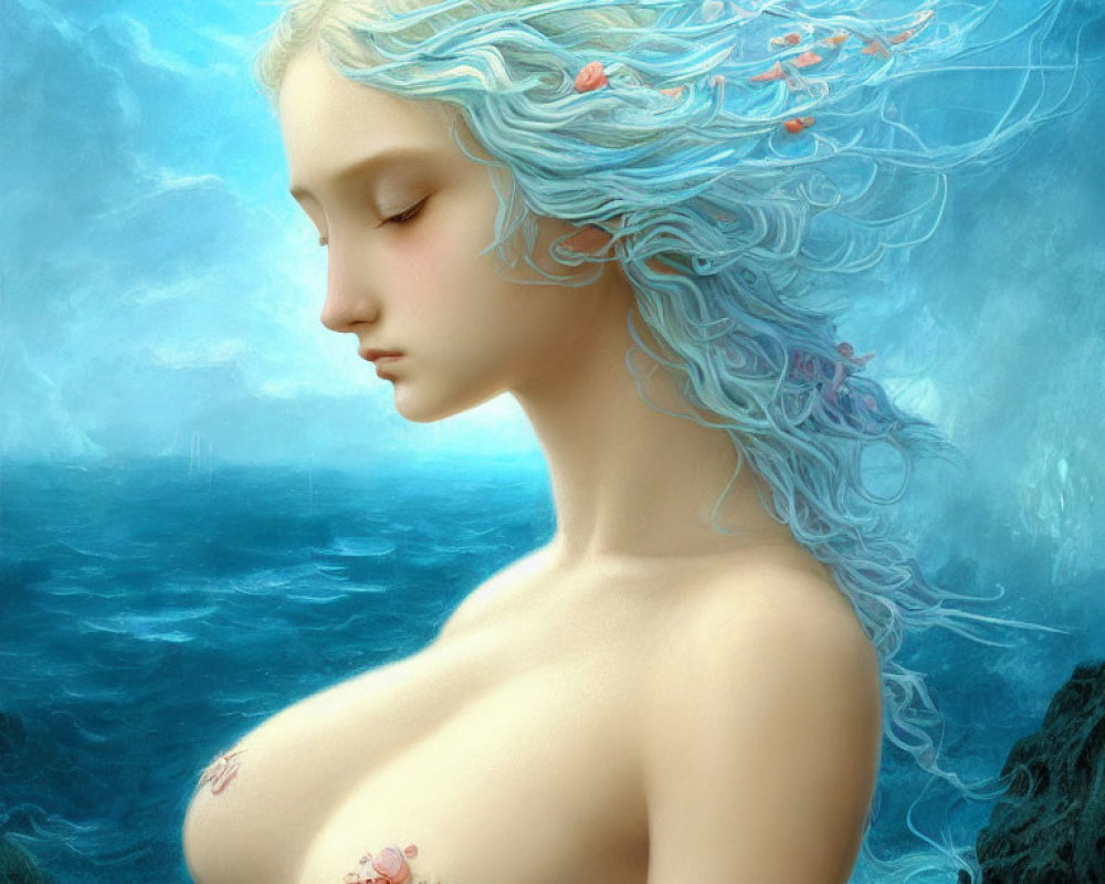 Surreal portrait of woman with pale skin and light blue hair adorned with sea creatures against stormy