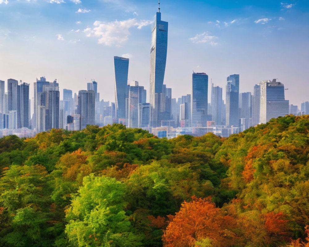 Autumn Trees and Modern Skyline Against Blue Sky