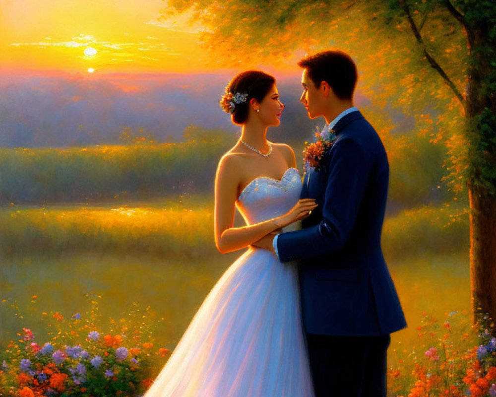 Couple in Wedding Attire Embracing at Sunset in Flower Field