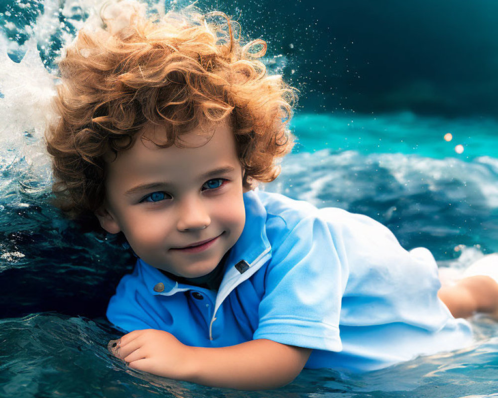 Curly-Haired Child Smiling on Wet Surface with Blue Water Splashes