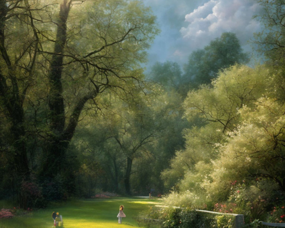 Serene forest clearing with children playing under sunlight