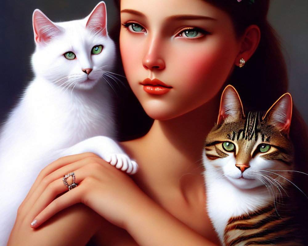 Woman with White and Brown Cats with Green Eyes on Dark Background