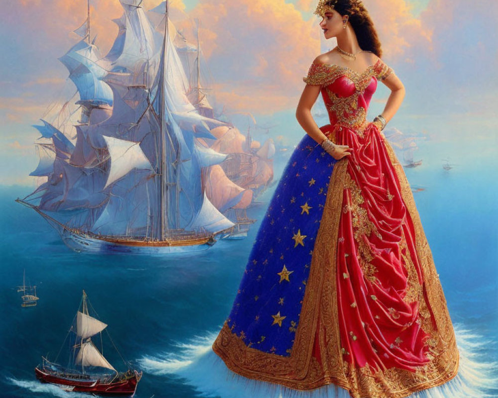 Woman in red and blue gown with sailing ships backdrop on serene sea