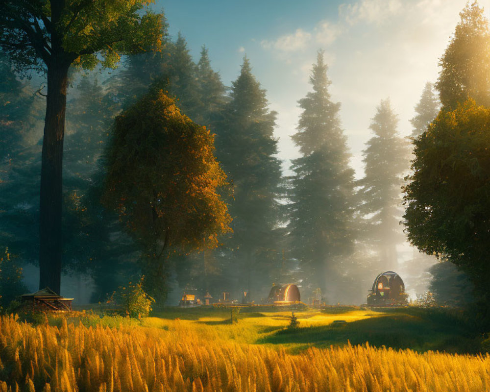 Forest sunlight on golden field with huts: Warm, dreamy landscape