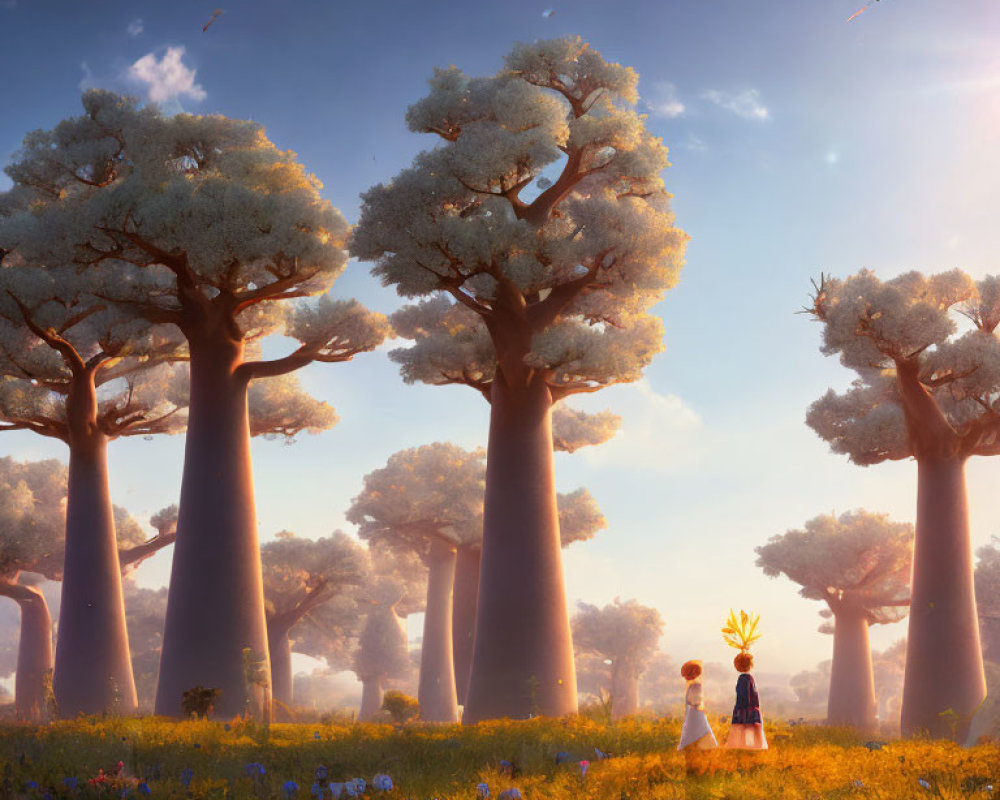 Fantasy landscape with tall trees, sunlit clearing, small figures, and birds in the sky