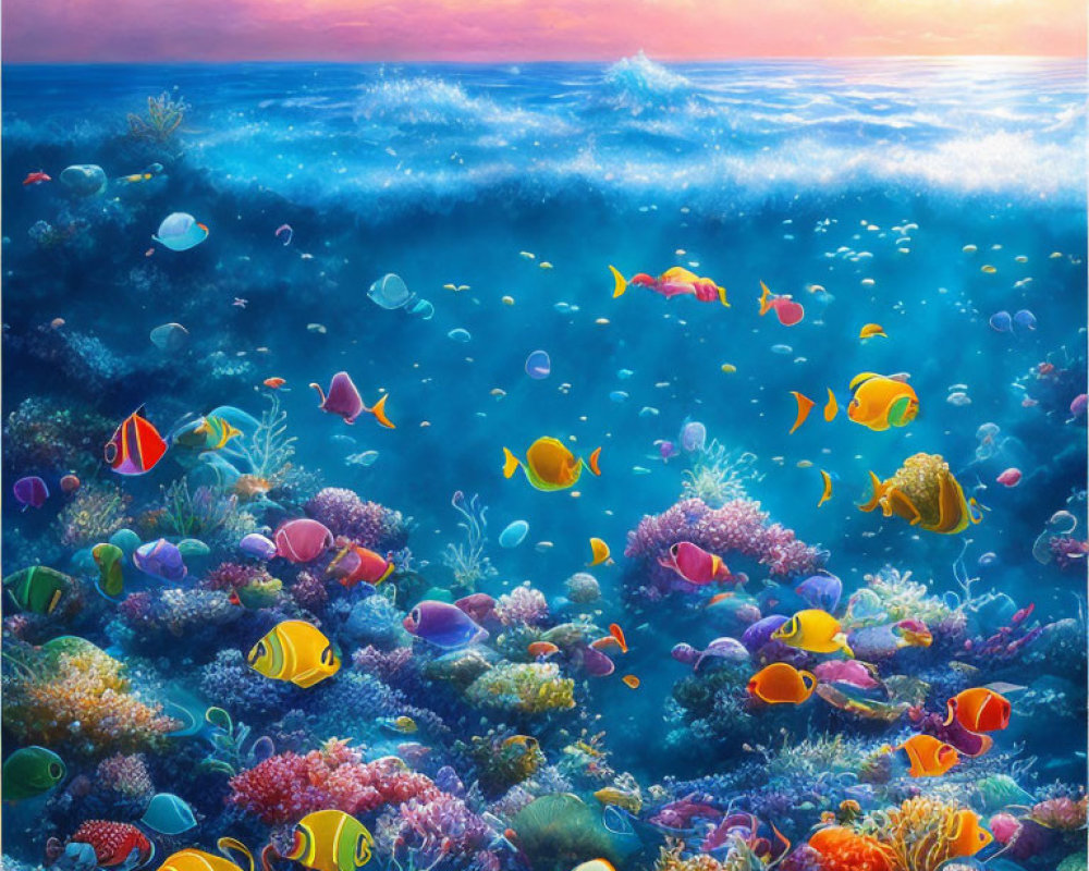 Colorful Tropical Fish and Corals in Vibrant Underwater Sunset Scene