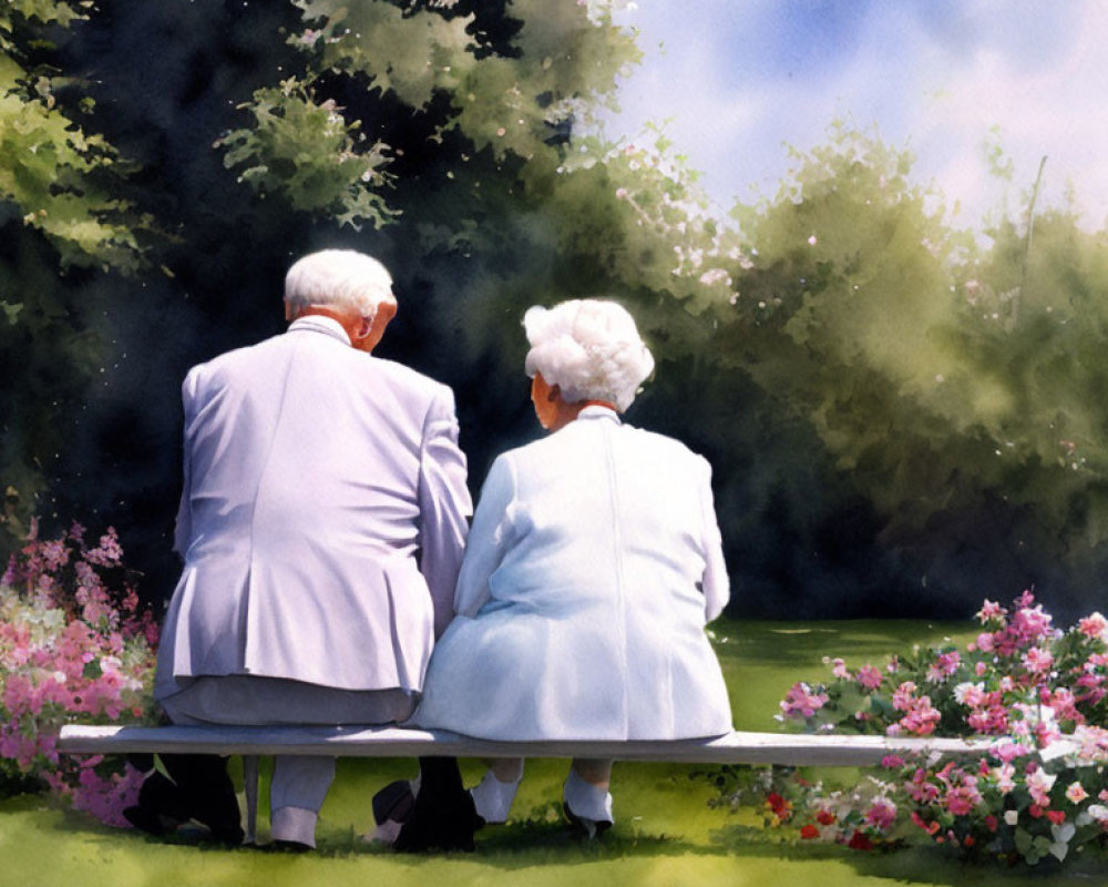 Elderly couple on park bench in serene garden setting