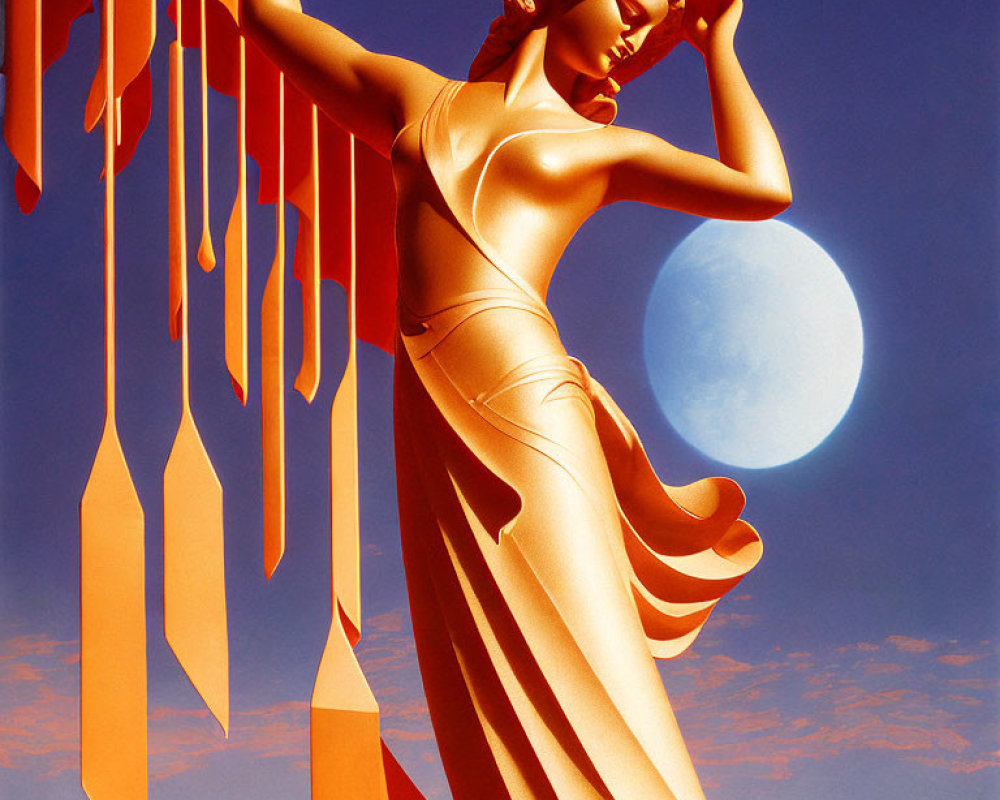 Golden statue-like woman in Art Deco style against moonlit sky