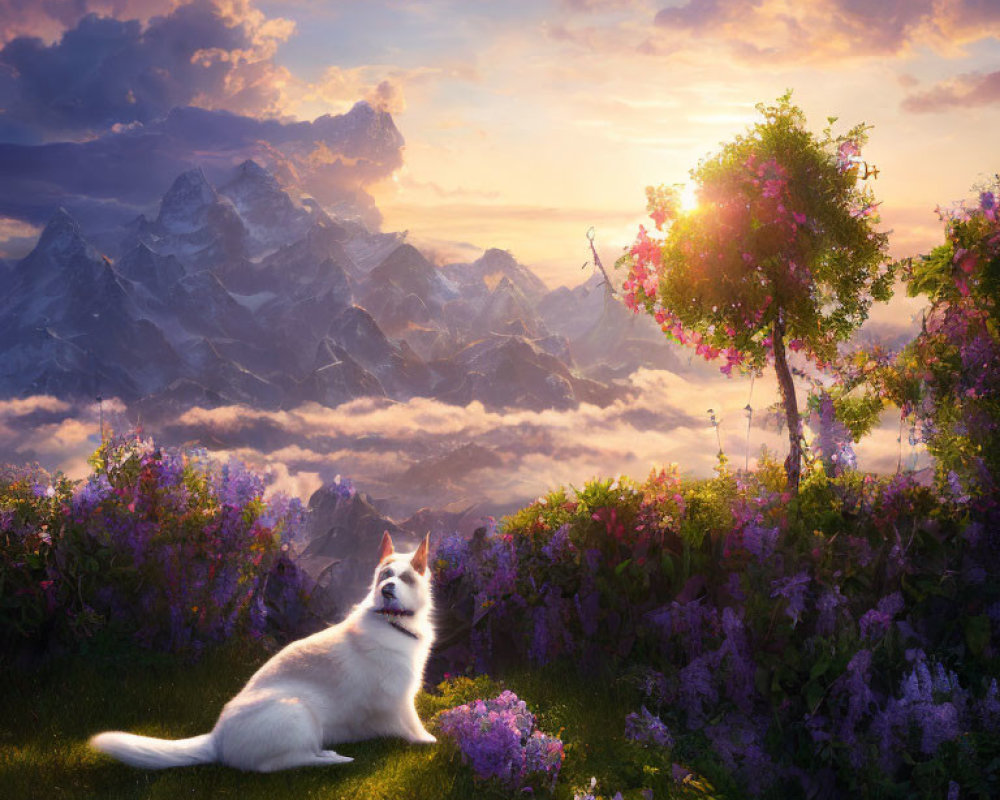 White cat in meadow with purple flowers and mountains at sunset