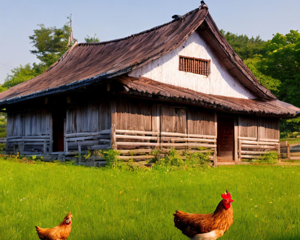 Traditional Wooden House with Thatched Roof, Crow, and Chickens in Greenery