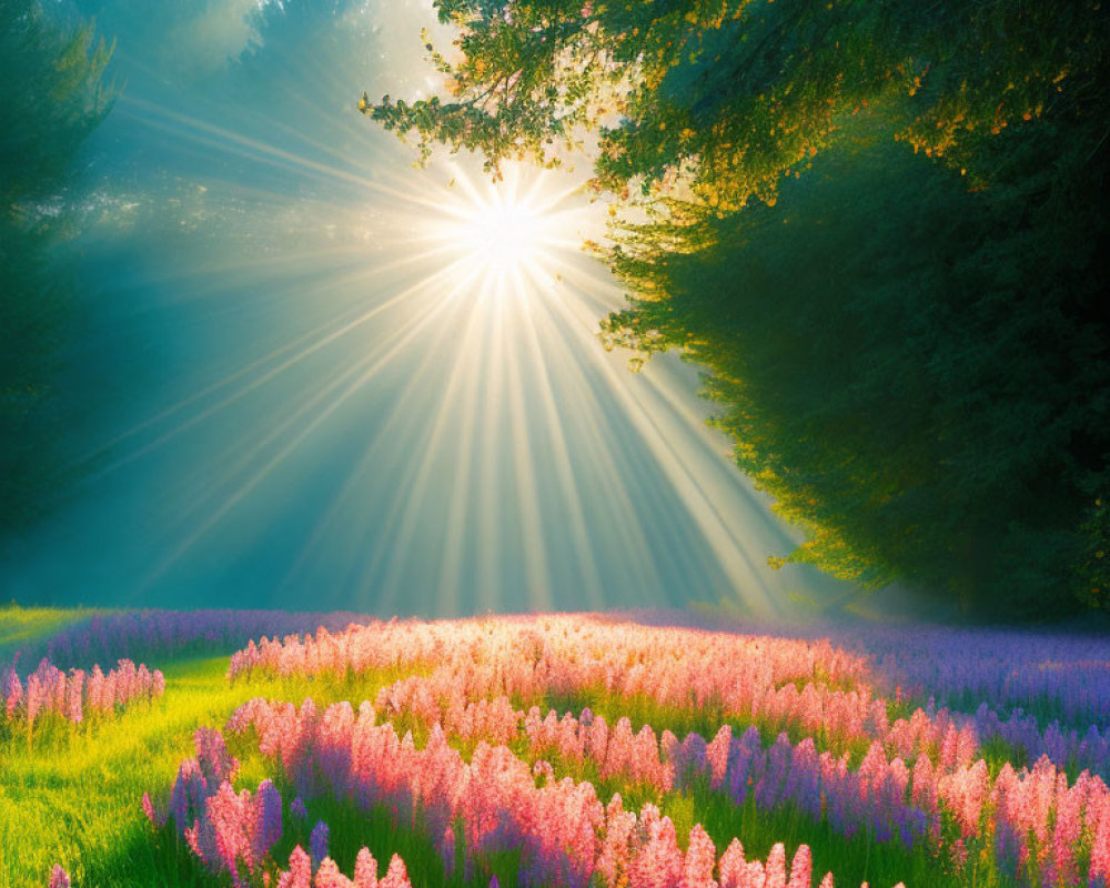 Sunbeams on vibrant purple flowers in morning mist