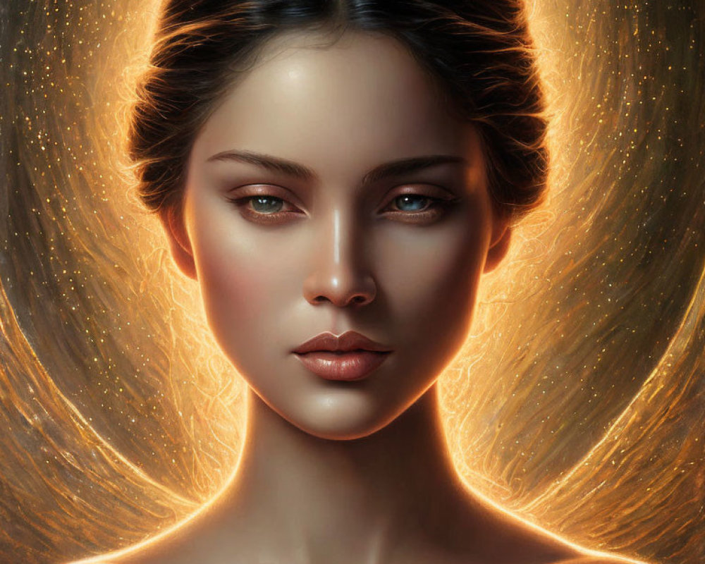 Digital artwork of woman with glowing hair creating halo effect in warm tones