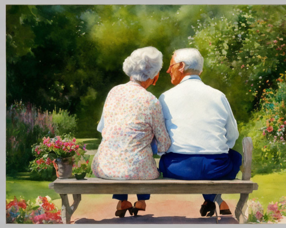 Elderly couple on garden bench surrounded by lush greenery