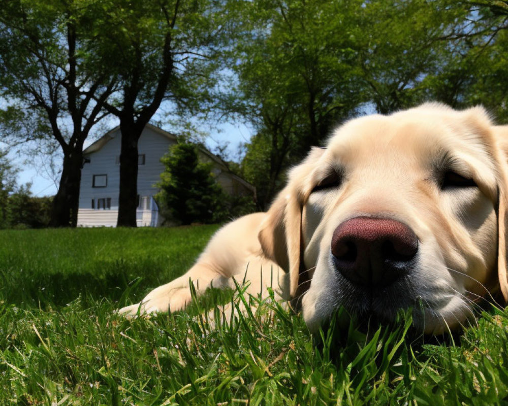 Light-Colored Dog Relaxing on Green Grass with House and Trees in Background