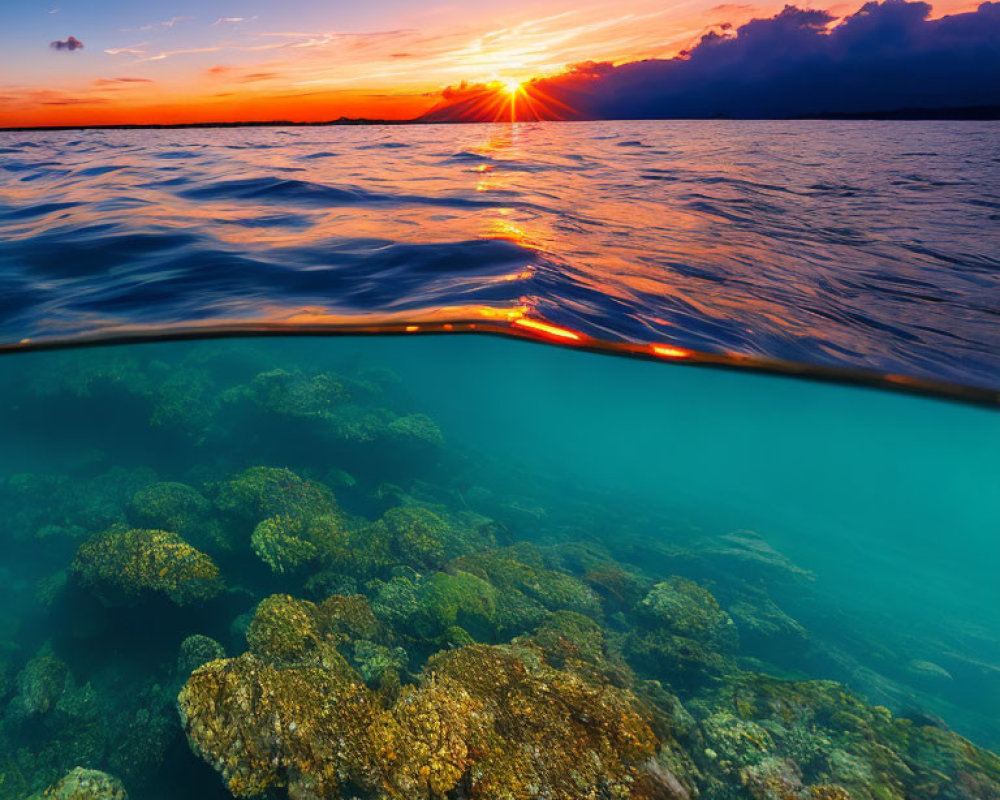 Vibrant sunset over ocean with coral reef in split view