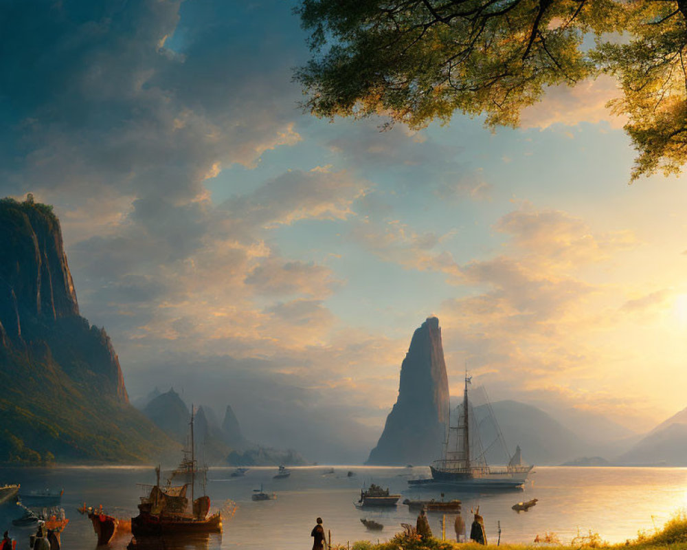 Tranquil riverside landscape with cliffs, sailing ships, and people at sunset.