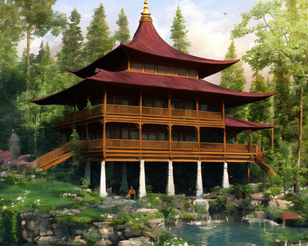 Multi-tiered pagoda in serene river setting with lush greenery and person by water