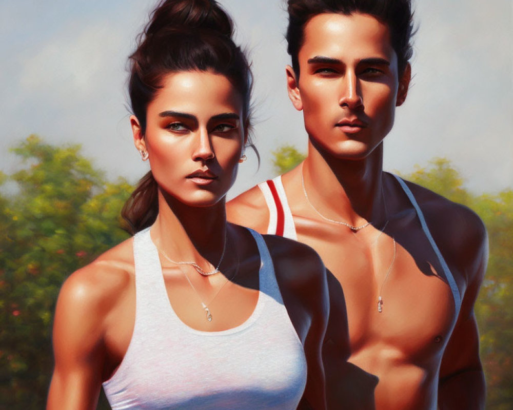 Fit couple in tank top and shirtless, digital artwork with blurred nature background