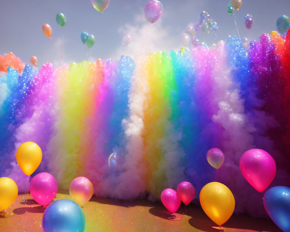 Colorful Rainbow, Balloons, and Bubbles in Sunny Sky