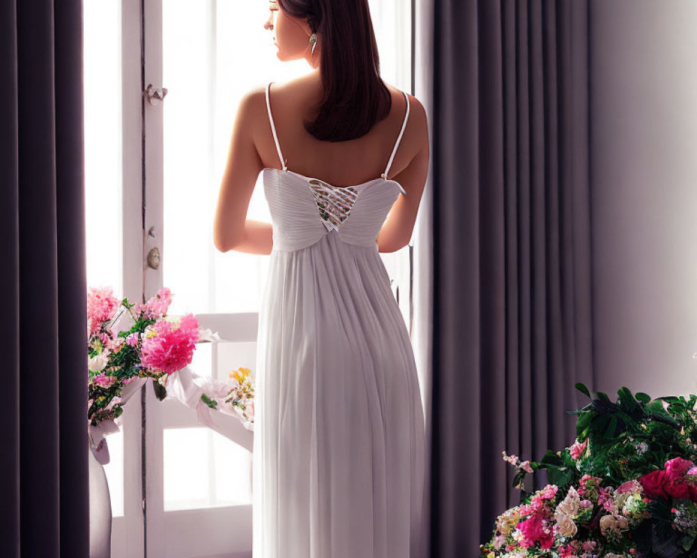 Woman in White Dress Standing by Window with Flowers in Serene Setting