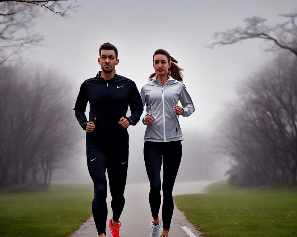 Two individuals jogging in branded sportswear on misty pathway