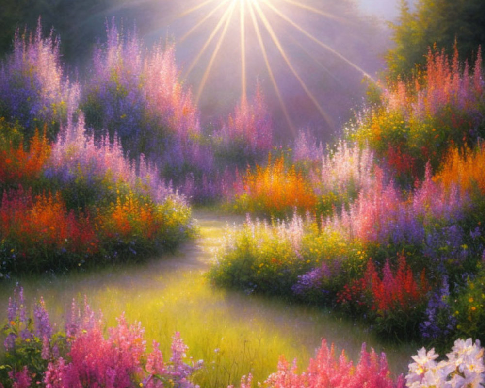 Vibrant flowers in a sunlit magical garden pathway