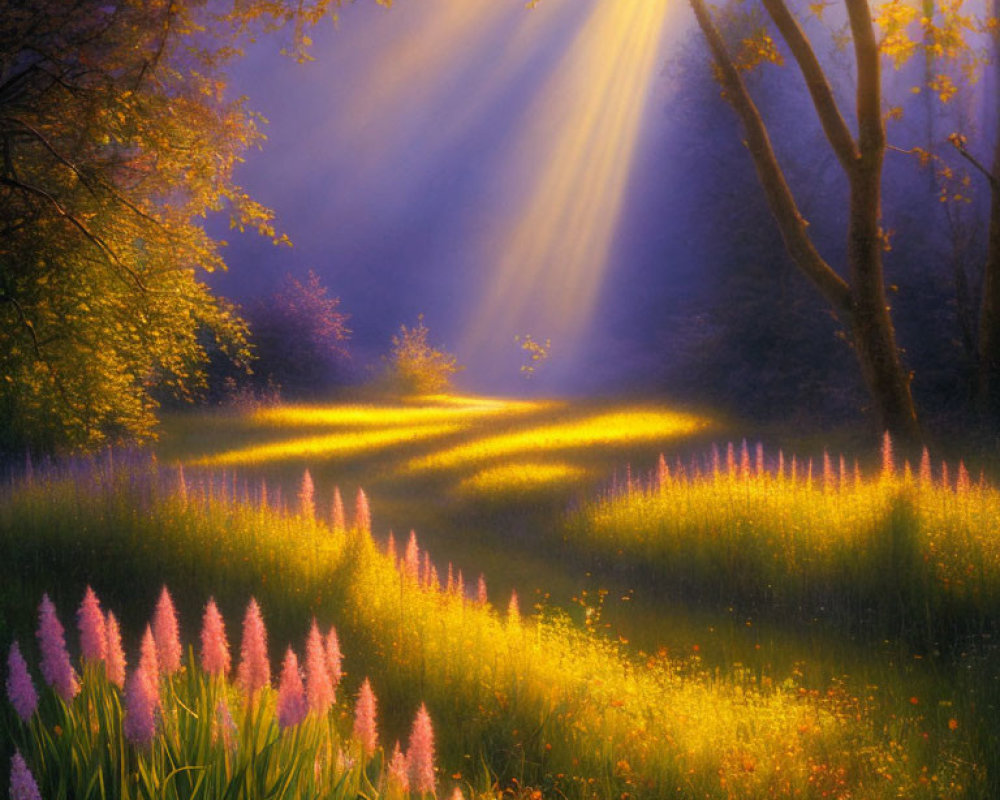 Sunlit Forest Glade with Purple Flowers and Green Grass