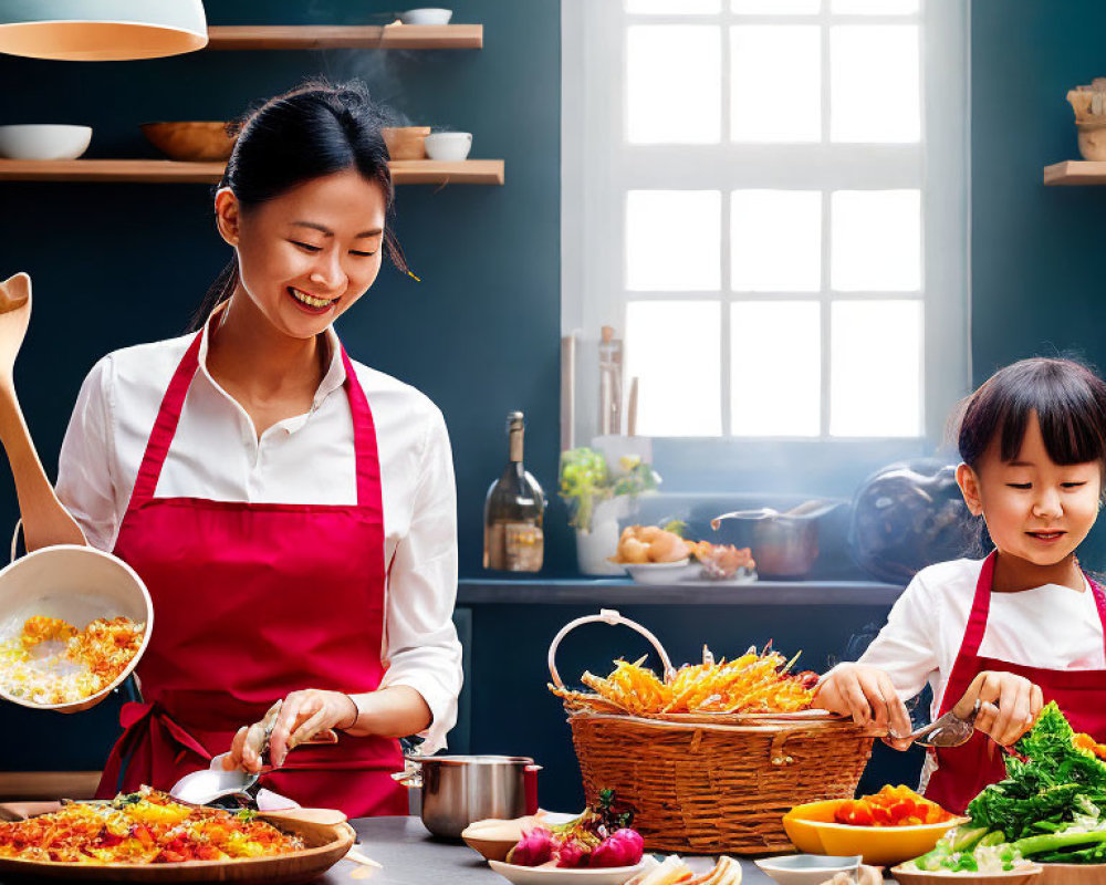 Adult and child cooking together in bright kitchen with fresh vegetables