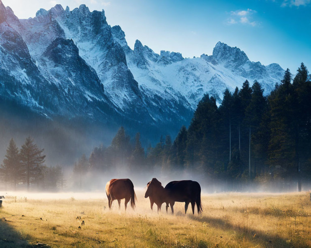 Misty meadow with grazing cows, forest, and snow-capped mountains