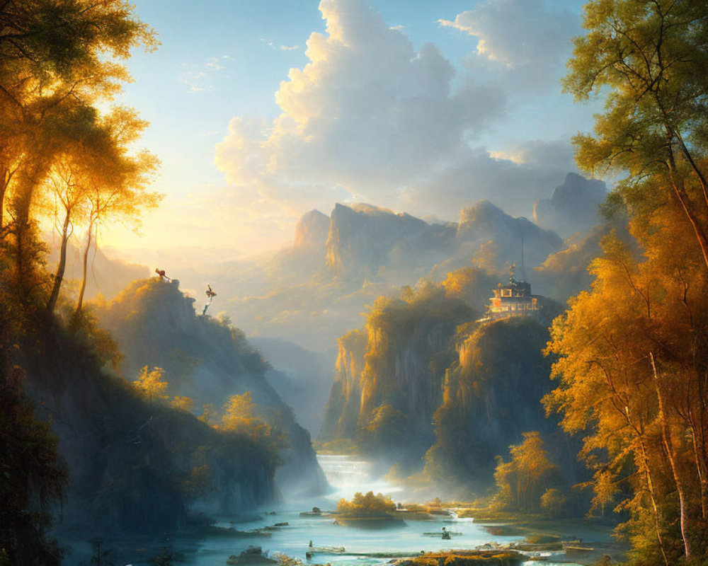 Tranquil landscape with waterfall, river, cliffs, sunlight, and figure