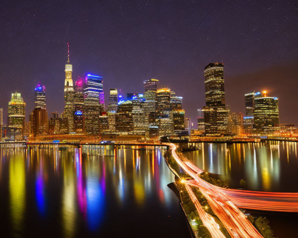 Urban Night Scene: Cityscape with Illuminated Skyscrapers, Starlit Sky, and River