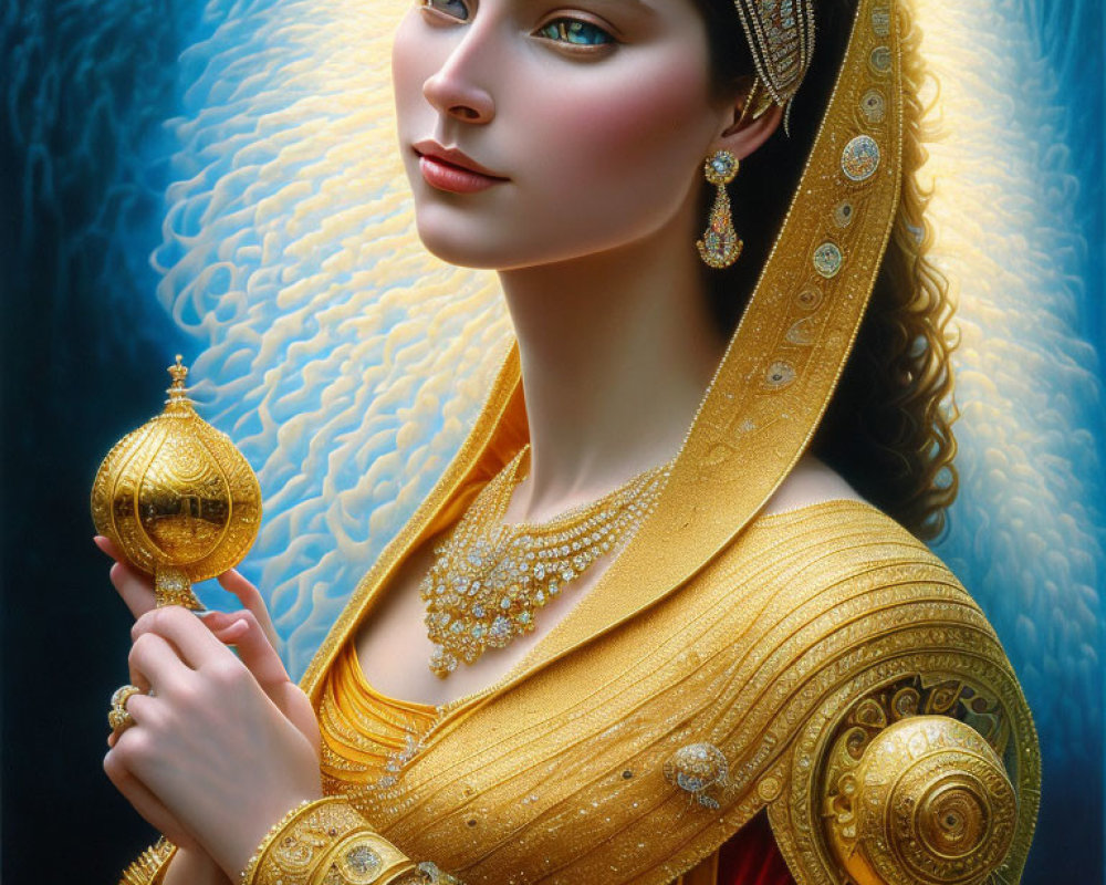 Illustration of woman with blue eyes, dark hair, in golden attire holding spherical ornament