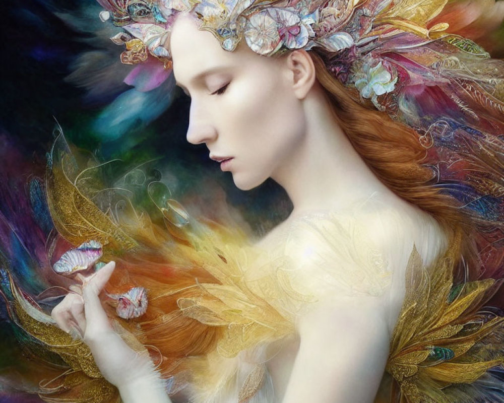 Colorful Woman with Feathered Headdress and Butterfly in Dreamlike Scene