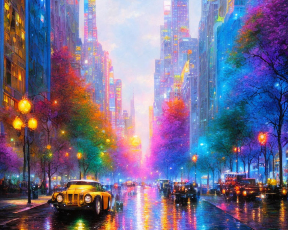 Colorful digital art: Rainy city street at dusk with vintage cars, illuminated buildings, and colorful