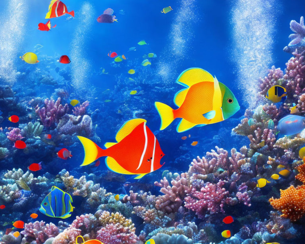 Vibrant Tropical Fish and Coral Reef Under Sunlight