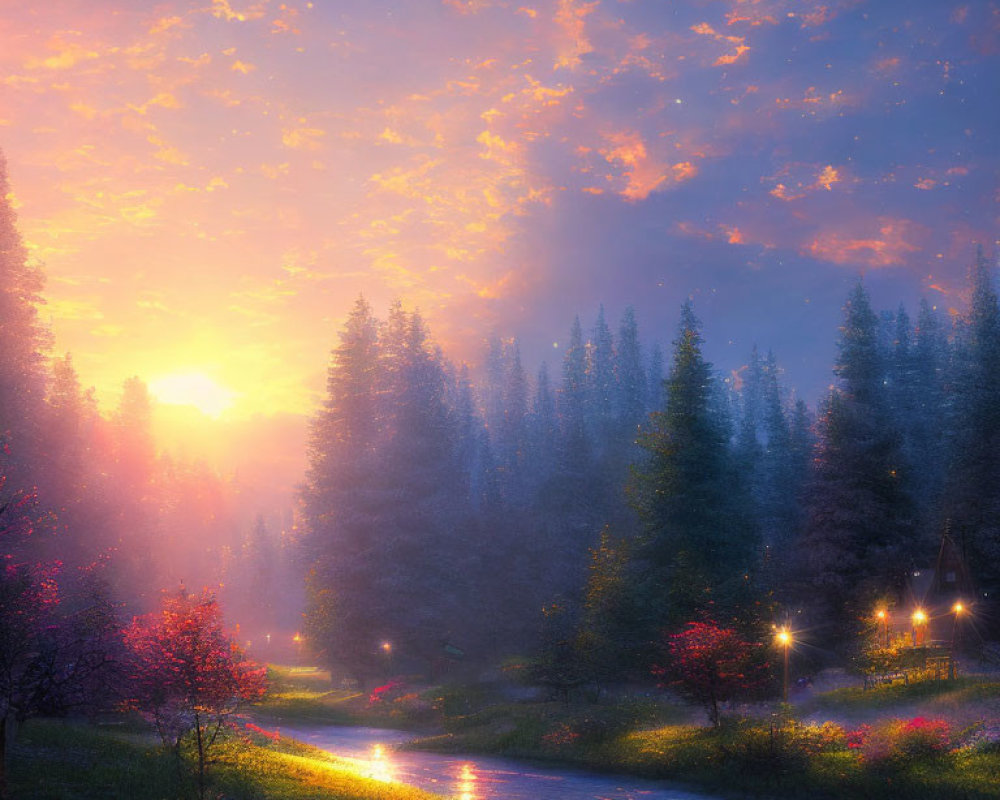 Tranquil sunrise landscape with river, lampposts, misty trees, and cloudy sky