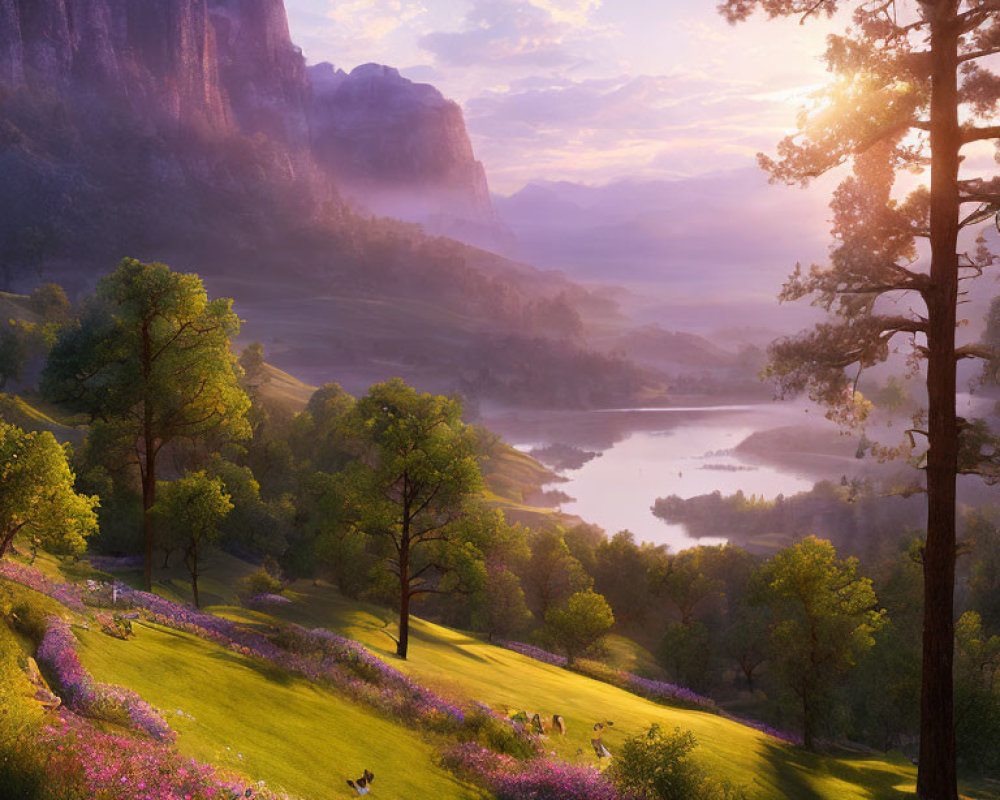 Tranquil sunrise over lake, hills, and cliffs in serene landscape