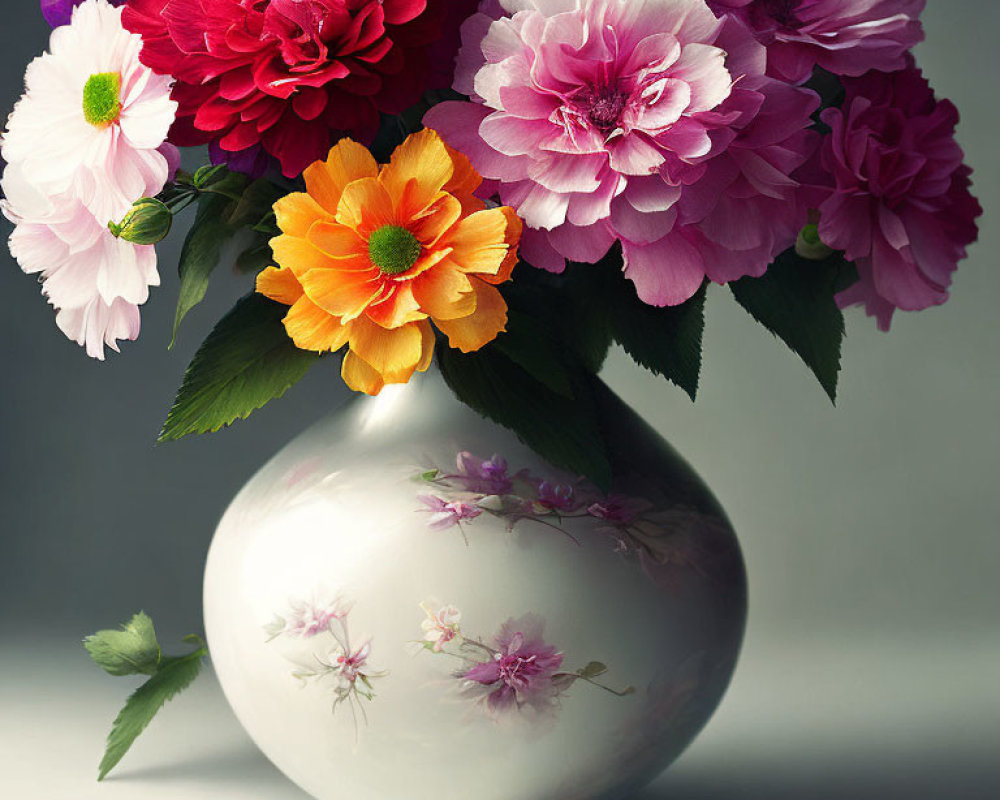 Colorful Peony Bouquet in White Vase on Grey Background