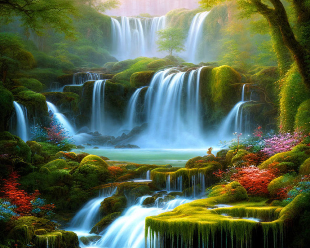 Tranquil multi-tiered waterfall in lush greenery with vibrant flowers